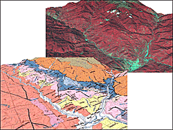 鳥瞰表示による地質図と衛星画像の比較